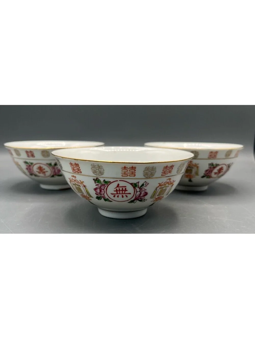 3 Vintage Chinese Porcelain Rice Bowls Double Happiness Longevity Gold Trim